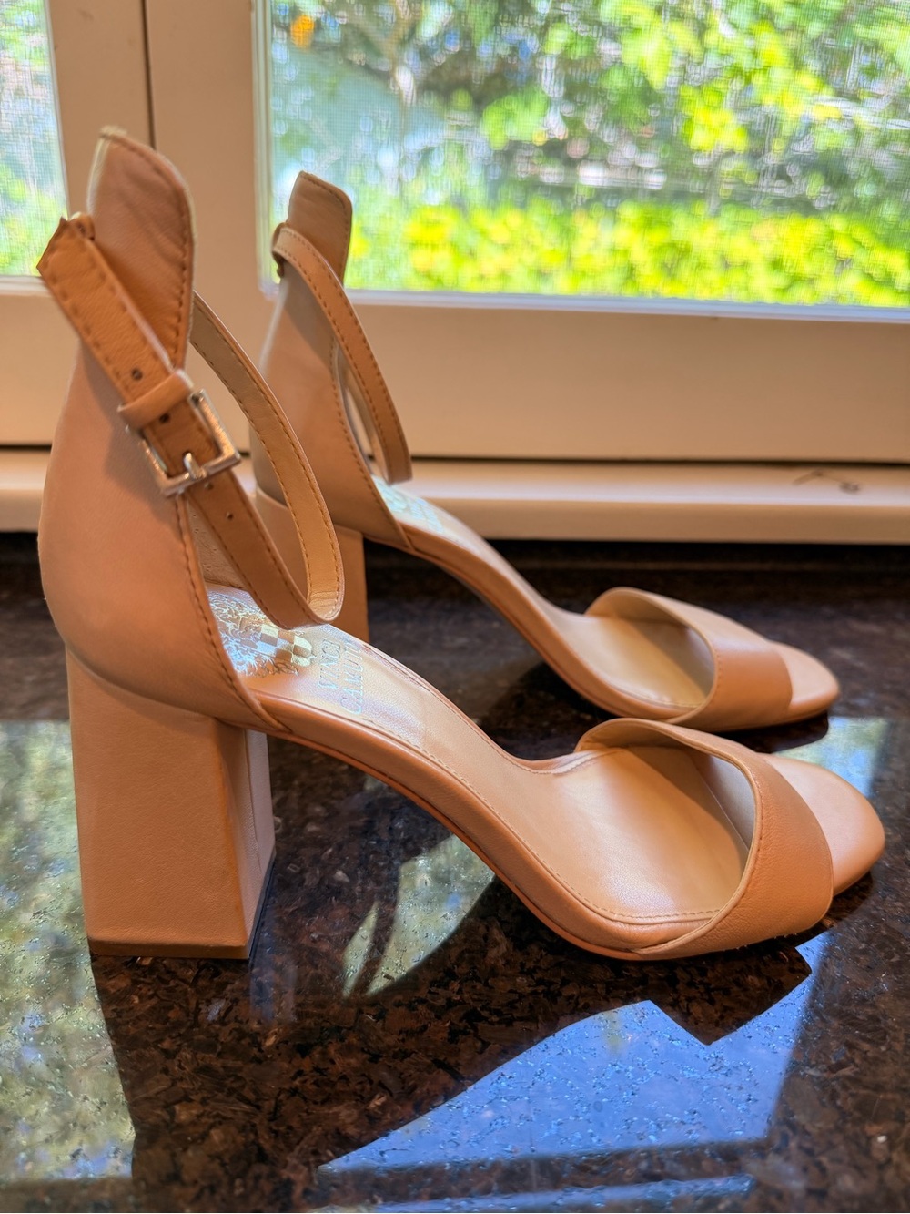 Vince Camuto Nude/Tan Block Heel Ankle Strap Sandals